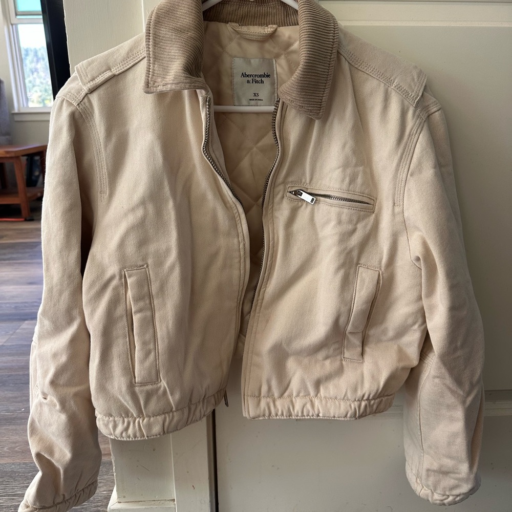 Abercrombie & Fitch Cream Twill Worker Jacket with Elastic Waistband